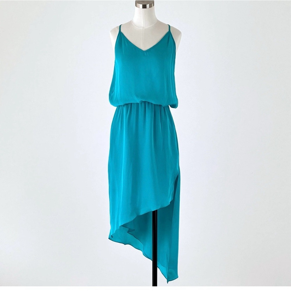 Michelle Mason Teal Midi Asymmetrical hem Silk Dress Size 6 Sundress Wedding